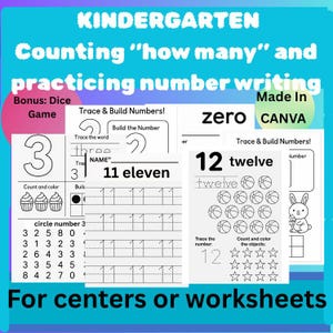 May include: Educational worksheet for kindergarten featuring number tracing and counting exercises. Includes the numbers 3, 11, and 12, with corresponding words and objects to count. The text says "For centers or worksheets."