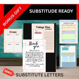 Peut inclure: Ensemble de formulaires imprimables pour les enseignants remplaçants. Comprend un emploi du temps "Today's Plan", des modèles de plans de cours et une note de remerciement. Les formulaires sont de différentes couleurs et portent le texte "Substitute Ready".