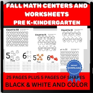 Könnte beinhalten: Ein roter Hintergrund mit weißem Text, der "FALL MATH CENTERS AND WORKSHEETS PRE K-KINDERGARTEN" lautet. Das Bild zeigt schwarz-weiße Arbeitsblätter mit Zählübungen und Formenerkennung. Der Text "INSTANT DOWNLOAD" befindet sich auf einem blauen Abzeichen.