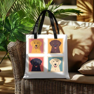 Colorful Dog Portrait Tote Bag, Pet Lover Gift, Eco-Friendly Shopping Bag, Custom Animal Art, Unique Dog Mom Tote, Chocolate lab, yellow lab