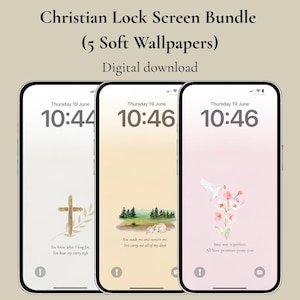 May include: A digital download bundle of Christian lock screen wallpapers. The image shows three smartphones with different soft-colored backgrounds. Each phone displays the time and a unique design, including a cross, landscape, and floral arrangement.