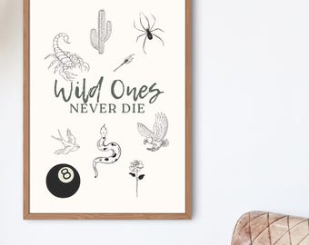 Foglio di flash per tatuaggi tradizionali, stampa artistica in stile vintage, poster tradizionale americano, decorazione murale da studio in stile edgy, estetica grunge per la stanza, digitale