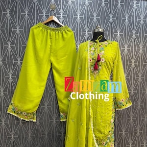 Salwar Kameez Indian Designer Green Faux Georgette Partywear Kurta Sharara Set With Sequence Work, 3 Piece Ready Made Sharara Suit For Women