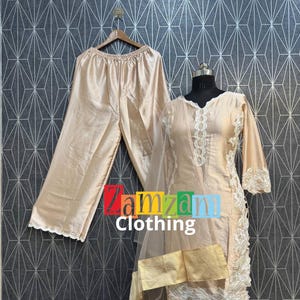 Beautiful Party wear Silk Kurta Palazzo Set With Dupatta, Pakistani Designer Natural Silk 3 Piece Salwar Kameez For Weddings Readymade Dress