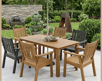 Customize Piece Outdoor Dining Table and Chairs Set, Patio Furniture with Umbrella Hole, Teak Style Aluminum Deck Table Set for 6 People