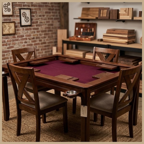 Handmade Convertible Solid Wood Board Game Table 57.5x33.8, Solid Wood Puzzle & Dining Table, Removable Top, Trays or Cup Holders