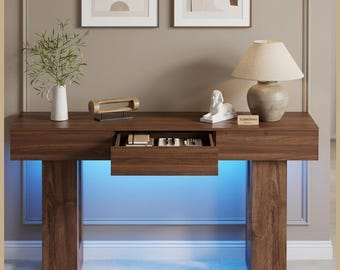 Handmade Wooden Modern Farmhouse 63” Console Table with LED Lights, 3 Drawer Sofa Table for Entryway & Living Room Storage Table