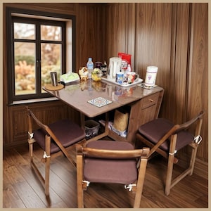 May include: A wooden dining set featuring a square table with a glass top and three folding chairs with dark brown cushions. The table holds a white electric kettle, various mugs, a water bottle, and a small decorative coaster on a wood-paneled wall.