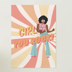Póster de chica bailando 'Girl you Rock', estilo años 70 Funky, Afro, estilo retro