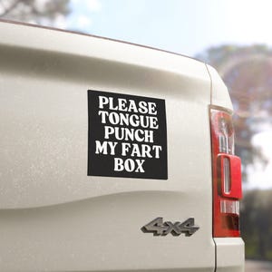 Könnte beinhalten: Ein quadratischer schwarzer Autoaufkleber mit weißem Text, der PLEASE TONGUE PUNCH MY FART BOX lautet, angebracht an der Heckklappe eines hellen Fahrzeugs. Der Aufkleber zeigt fettgedruckte Großbuchstaben auf schwarzem Grund.