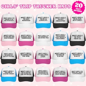 May include: A collection of twenty trucker hats in various colours including pink, white, blue, and black. Each hat features a white front panel with black text displaying different 'Most Likely To' phrases such as 'Most Likely To Get Married'.