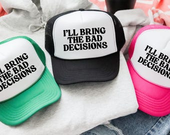 Casquette trucker drôle de demoiselle d'honneur Bad Decisions, EVJF, casquette de baseball femme, casquette de boisson de jour, chapeau de voyage fille, cadeau de mariage