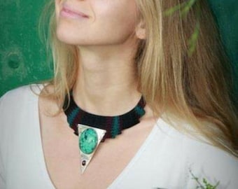 Large fiber STATEMENT NECKLACE PHARAOH with a big turquoise stone set in silver, macrame boho tribal bib, handmade Fiber Art