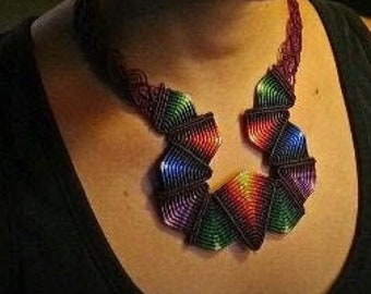 Fiber statement necklace AZTECA, colorful bib boho necklace handmade by FIAMMA, ethnic geometrical macrame necklace