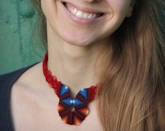 Fiber necklace red & blue RAIBOW CHOKER handmade by FIAMMAdesign, adjustable macrame choker