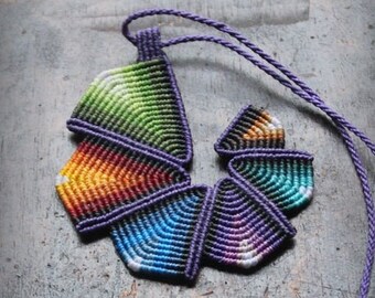 Macrame statement necklace PURPLE RAINBOW SPIRAL, geometrical boho fiber pendant