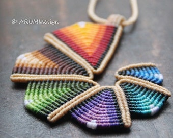 Big Colorful Statement Fiber Pendant RAINBOW SPIRAL, geometrical ethnic pendant, large triangle necklace, boho pendant, macrame necklace
