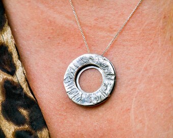 Halo silver handmade pendant, circle oxidised sterling silver necklace, artisan silversmith jewelry