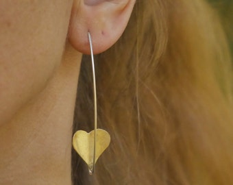 Golden Hearts long silver stud earrings. Silver and bronze heart dangle earrings. Mixed metal heart earrings handmade by FIAMMA design