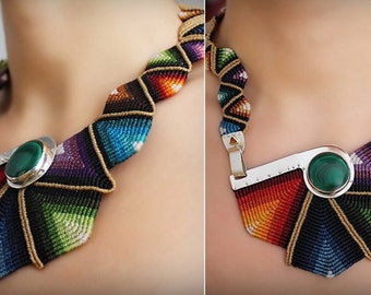 Large colorful asymmetric statement NECKLACE RAINBOW, macrame, silver, stone, knotted bib necklace, Fiber Art, made to order