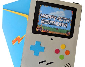 Tarjeta de cumpleaños de jugador retro, tarjeta de cumpleaños con temática de videojuego, tarjeta de felicitación hecha a mano, tarjeta geek para él o ella