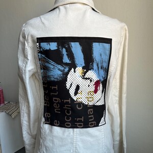 Upcycled White Cotton-Elastane Jacket with Embroidered Velvet Back – One-of-a-Kind Boho Statement Piece