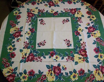 Retro Jumbo Dish Tea Towel 1950s Large Kitchen Towel Red Circles Dishes Cruet Holders Covered Bowls Small Table Cover Tablecloth MCM