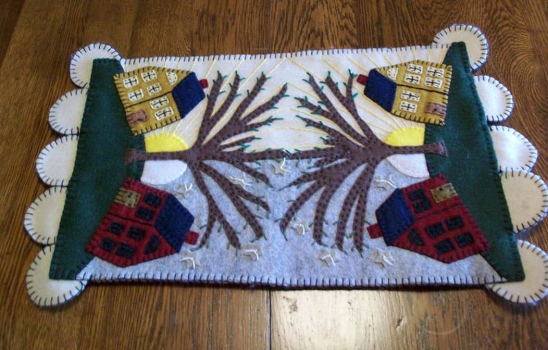Primitive Wool Applique Table Mat Cabin Scene Farmhouse Etsy