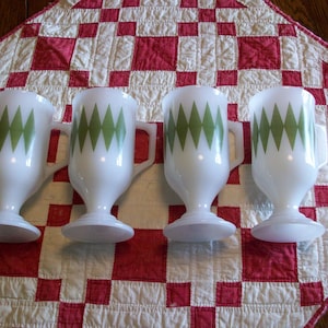 Vintage Green Harlequin Footed Mugs Cups Fire King Glasbake Milk Glass Green Diamonds