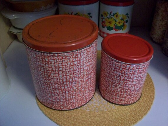 2 Vintage Red And White Design Metal Tin Kitchen Canisters Etsy