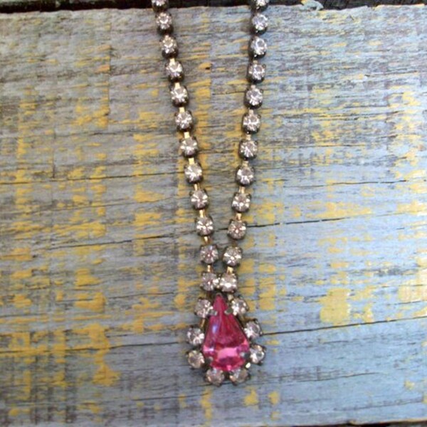 Antique Rhinestone Necklace with Pink Rhinestone Pendant Vintage Jewelry Crafts