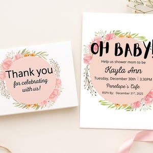 Bloemenuitnodiging babyshower en gevouwen bedankkaart of briefkaart | Bewerkbare babyshower-sjablonen voor meisjes | Afdrukbare canvasontwerpset