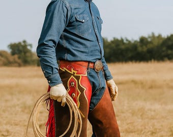 Chaps en cuir suédé bleu faites main avec franges rouges et