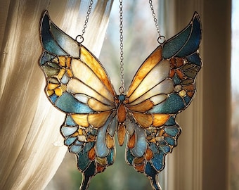 Blue and Gold Butterfly Faux Stained Glass Suncatcher – Acrylic Butterfly Window Art, Whimsical Nature Decor for Butterfly and Flower Lovers