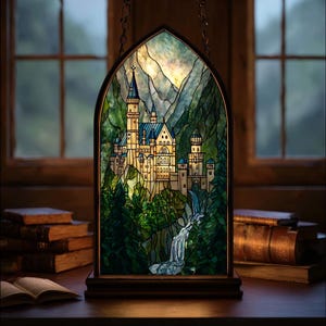 Könnte beinhalten: Buntglasfenster mit einer Burgszene mit Bergen, Bäumen und einem Wasserfall. Die Burg hat blaue und gelbe Akzente, eingebettet in einen dunklen Holzrahmen. Das Panel ist beleuchtet und erzeugt einen warmen Schein.