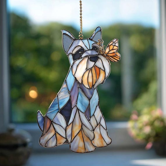 Schnauzer Suncatcher, Dog with Butterfly Window Hanging, Personalized Schnauzer Mom Gift, Pet Memorial Art, Puppy Lover Home Decor,Schnauzer