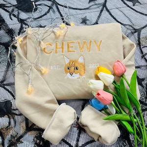 Pet Embroidered Sweatshirt Using Photo, Custom Dog Sweater, Embroidered Cat Crewneck gift for Pet Owner, Dog mom Gift for Cat Lover
