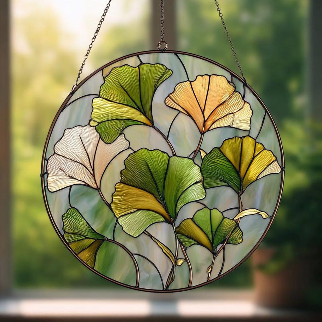 Gingko Window Ginkgo Leaf Stained Glass Suncatcher, Yellow Ginkgo Window Hanging Art ...