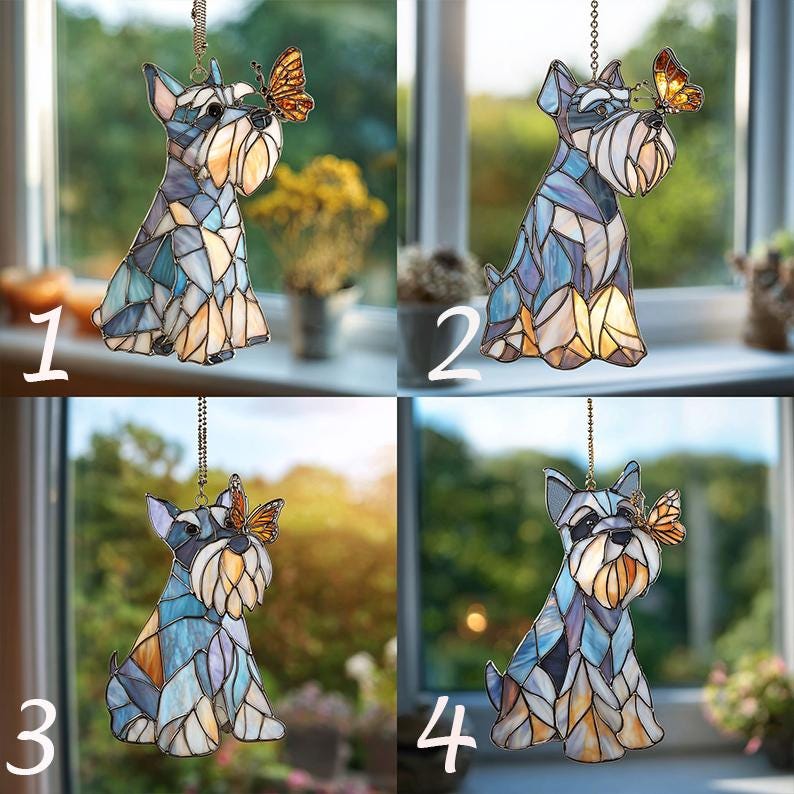 Schnauzer Suncatcher, Dog with Butterfly Window Hanging, Personalized Schnauzer Mom Gift, Pet Memorial Art, Puppy Lover Home Decor,Schnauzer image 2