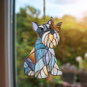 Schnauzer Suncatcher, Dog with Butterfly Window Hanging, Personalized Schnauzer Mom Gift, Pet Memorial Art, Puppy Lover Home Decor,Schnauzer image 3