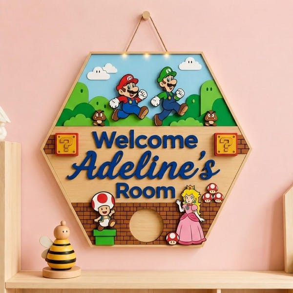 Gepersonaliseerd Super Mario-deurbord, custom Mario-decor kinderkamer, pixel Mario-deurhanger slaapkamerdeur, cadeau voor gamer