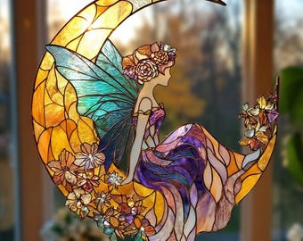 Crescent Moon Fairy Acrylic Suncatcher Faux Stained Glass Fantasy Night Window Hanging