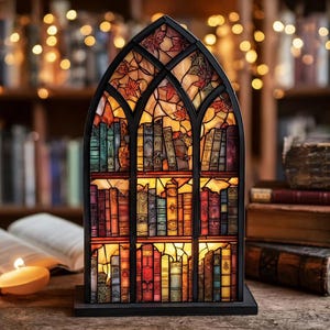 May include: A stained glass bookshelf lamp with a black frame. The lamp features a colorful array of books on shelves, with autumn leaves at the top. The lamp is on a wooden surface, with a blurred background of books and lights.