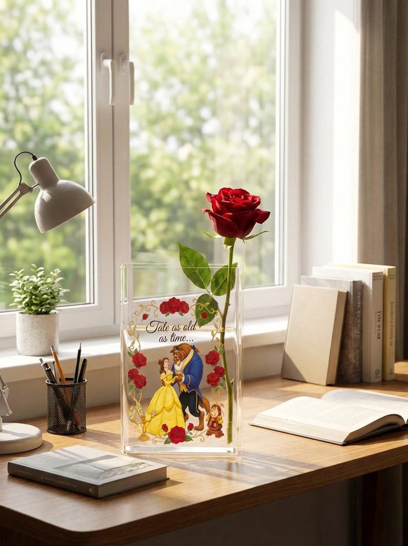 Skönheten och odjuret, julvas i akryl, romanvas i akryl, klassisk bokvas, bokformad blomvas, boklig present. bild 3