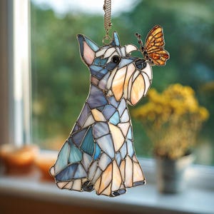 Schnauzer Suncatcher, Dog with Butterfly Window Hanging, Personalized Schnauzer Mom Gift, Pet Memorial Art, Puppy Lover Home Decor,Schnauzer image 5