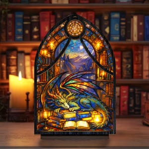 May include: A stained-glass style wooden panel featuring a sleeping dragon atop books. The dragon is blue, green, and gold, with a mountain and starry night scene in the background. The panel is lit with warm light, creating a cozy, fantasy theme.
