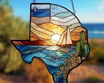Texas Floral Flag Acrylic Window Hanging, Flag Texas And Bluebonnet Home Decor, Texas Cactus Suncatcher, Texas Gift, Texas State Decorations