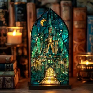 Könnte beinhalten: Ein Buntglas-Schloss-Nachtlicht mit Mond und Sternen. Das Schloss wird von warmem gelbem Licht beleuchtet, vor einem Hintergrund aus grünen und blauen Farbtönen. Das Nachtlicht steht auf einem Holzsockel.