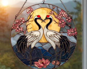 Crane Couple Stained Glass Suncatcher Window Hanging, Moonlight Cherry Blossom Decor, Romantic Oriental Ornament, Unique Wedding Gift