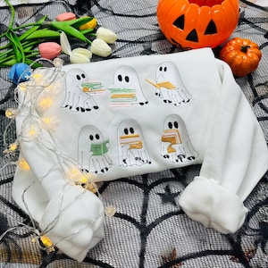 Ghost Reading Sweatshirt, Halloween Sweatshirt, Embroidered Ghost, Ghost Reading Books, Fall Crew, Halloween Embroidery, Ghost Book Sweater